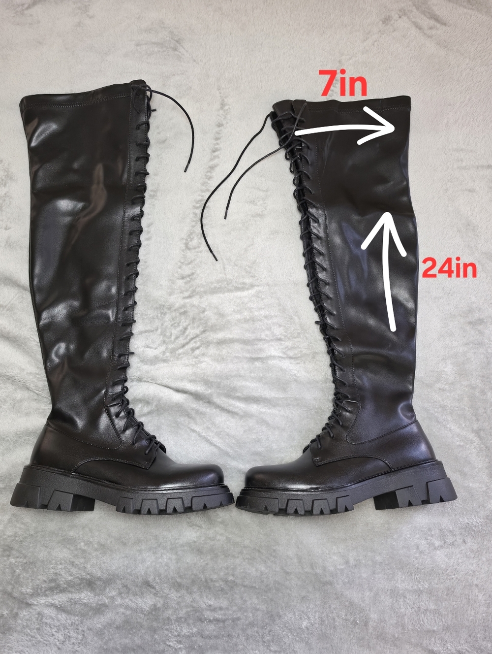 CouieCuies Black Knee High Lace-Up Boots Size 9.5 Chunky Sole Stretch Tall Boots - Picture 2 of 10